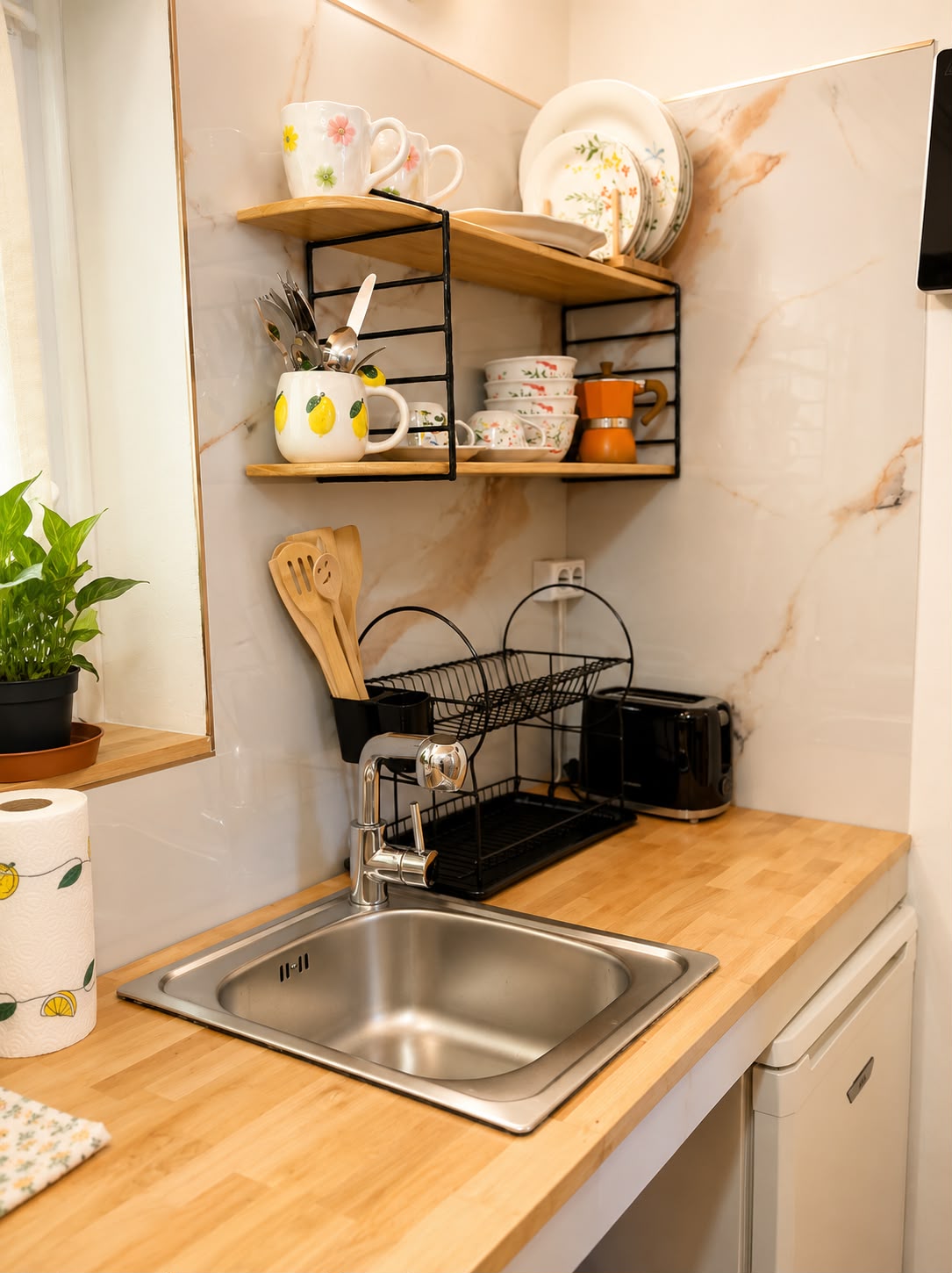 Modern kitchen with wooden counter